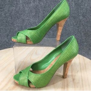 Nine West High Heels Womens 8 M Lime Cork Peep Toe Pump Green Woven Slip On